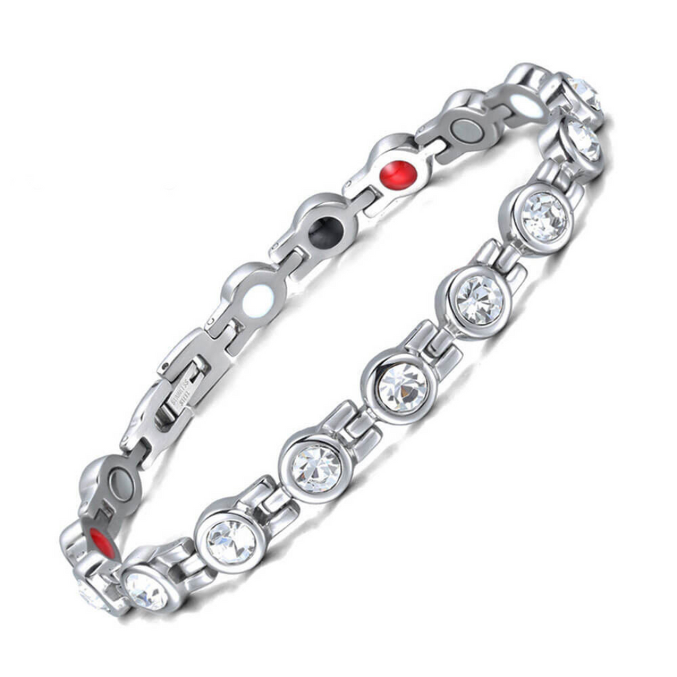 Angelica's Star 4in1 Magnetic Bracelet from Magnetic Mobility featuring Swarovski crystals on the front and 4in1 elements on the back, including neodymium magnets, FIR elements, germanium, and negative ions. Elegant silver design for style and pain relief.