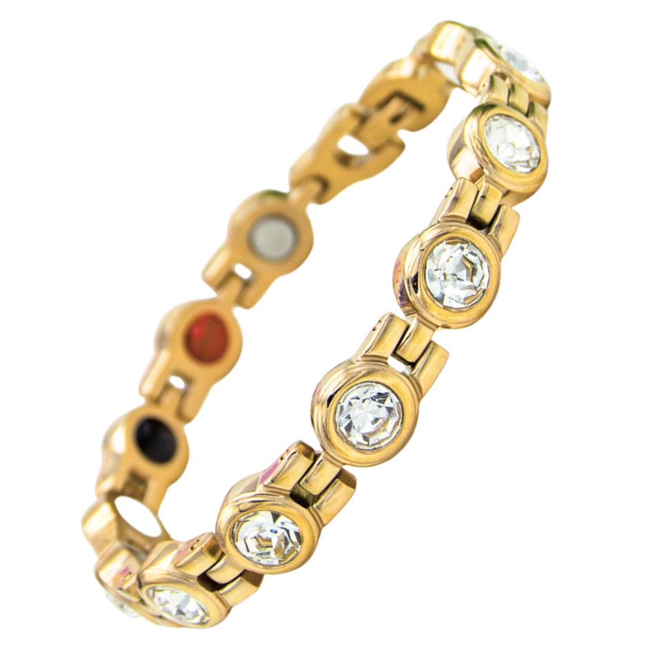 Angelica's Sun 4in1 Magnetic Bracelet from Magnetic Mobility featuring Swarovski crystals on the front and 4in1 elements on the back, including neodymium magnets, FIR elements, germanium, and negative ions. Elegant gold design for style and pain relief.