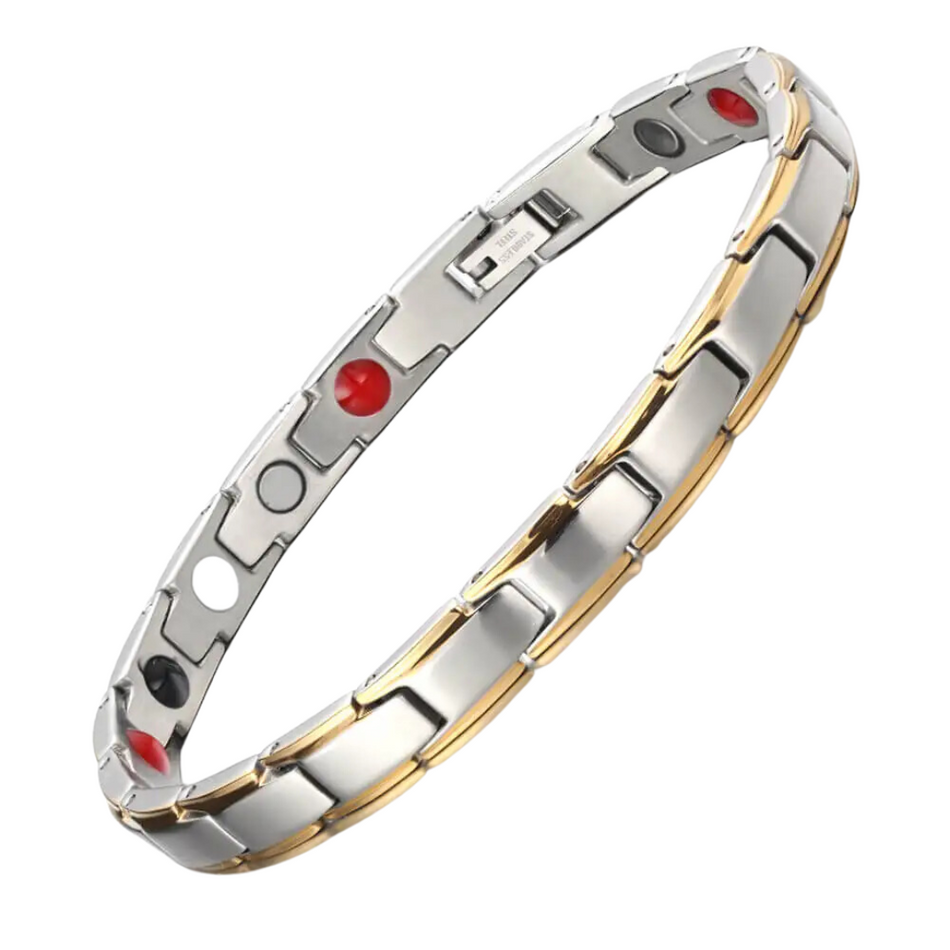 Apia Moon 4in1 magnetic bracelet by Magnetic Mobility, promoting arthritis, back pain, fibromyalgia relief with a stylish silver and gold design. The bracelet features 4in1 health elements.