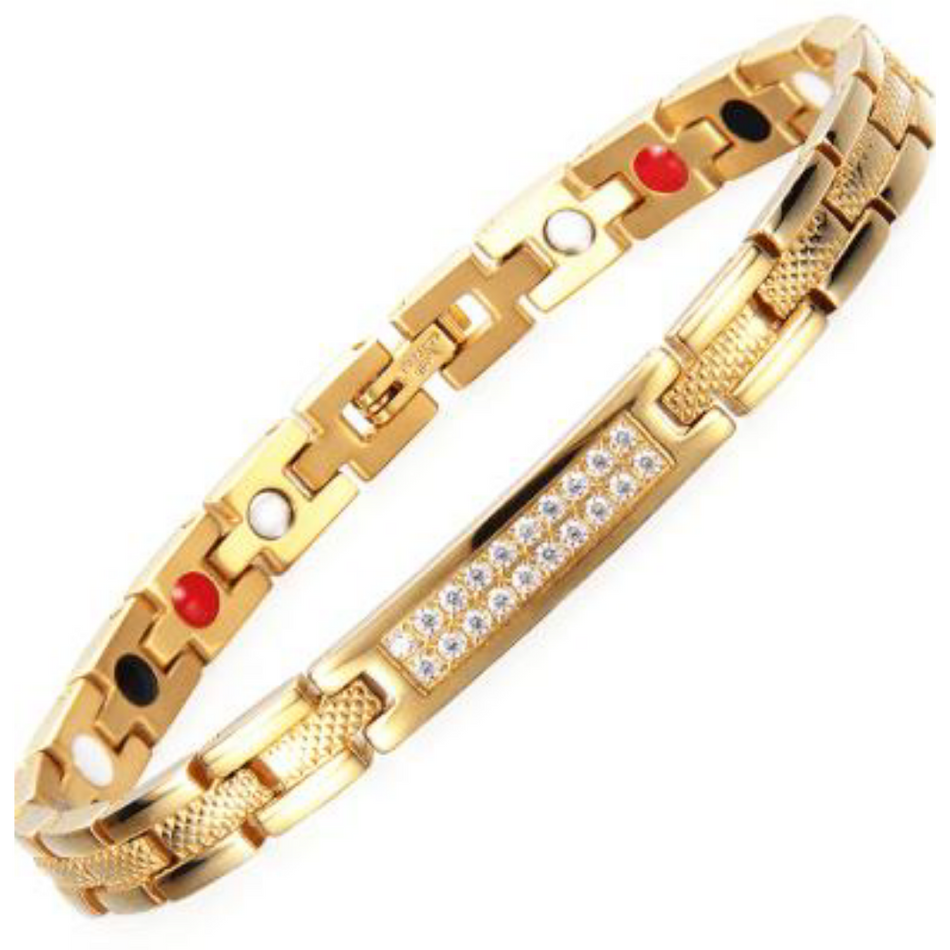 Honesty Sun4in1 Magnetic Bracelet from Magnetic Mobility in gold finish. Features a central panel with sparkling crystals and includes Neodymium Magnets, FIR elements, Germanium, and Negative Ions for therapeutic benefits. Stylish design with embedded therapeutic elements