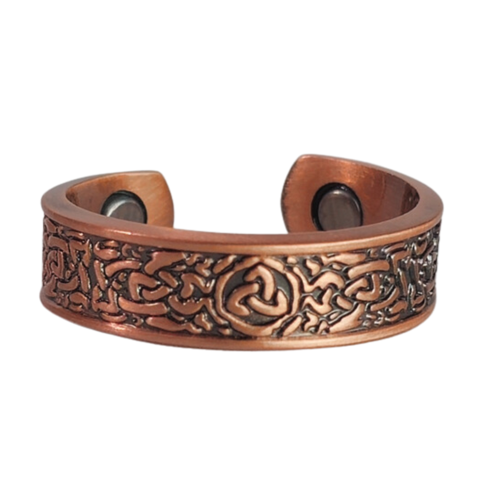 Trinity copper ring by Magnetic Mobility featuring a  Celtic Triquetra design. This adjustable ring is designed to be easily worn on arthritic fingers, providing both style and functionality.